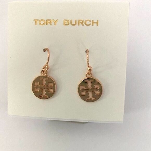 New Tory Burch Rose Gold French Wire Logo Earrings. - Picture 3 of 6